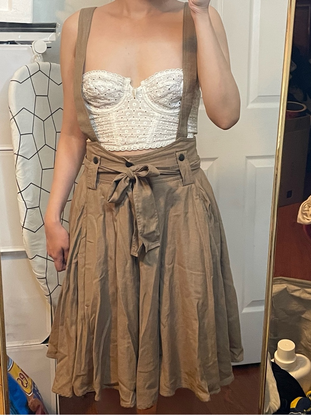 See by Chloe A-Line Brown Tan Pinafore Midi Skirt with Suspenders Size S - Picture 14 of 14